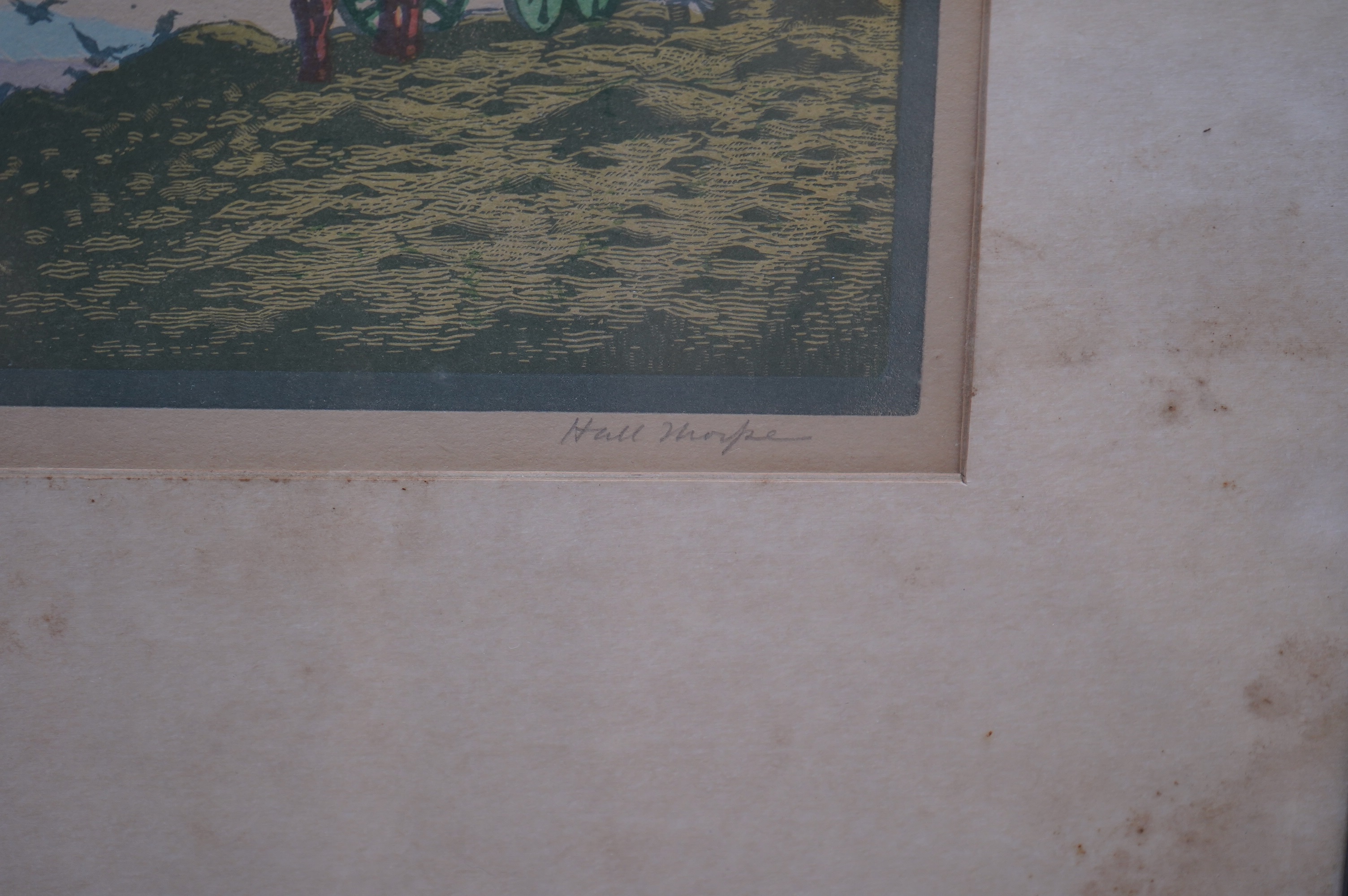 John Hall Thorpe (1874-1947), woodblock engraving, Haymakers, signed in pencil, 35 x 28cm. Condition - poor to fair, faded